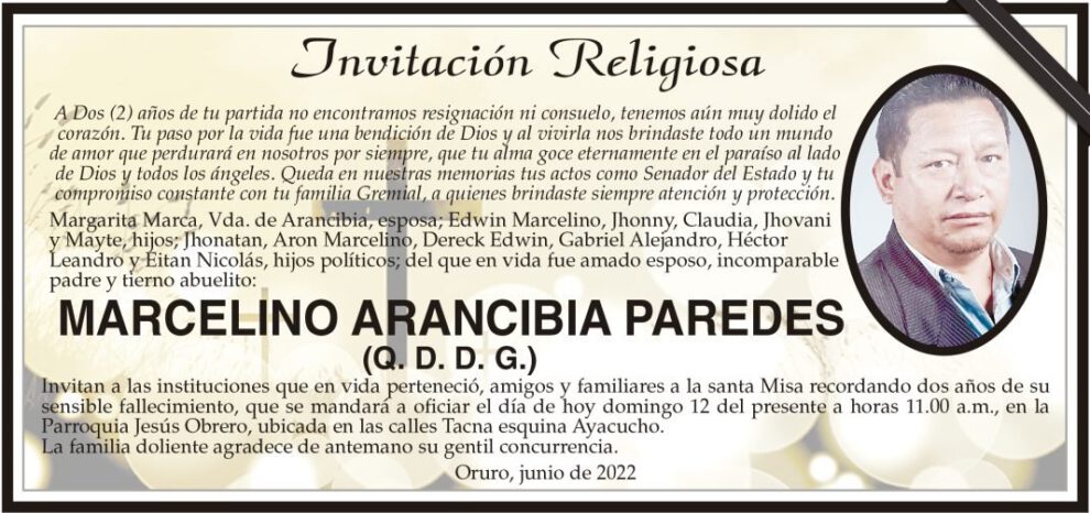 Invitación Religiosa para Marcelino Arancibia Paredes