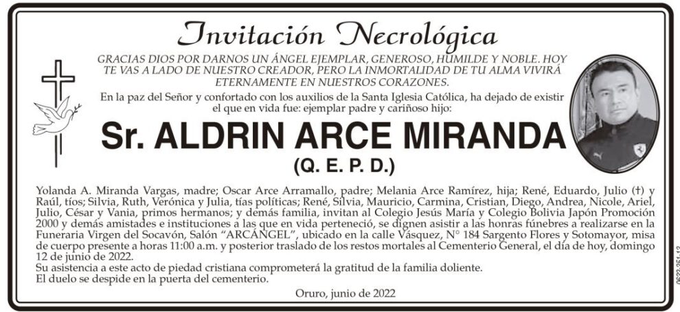 Invitación Necrológica: Aldrin Arce Miranda