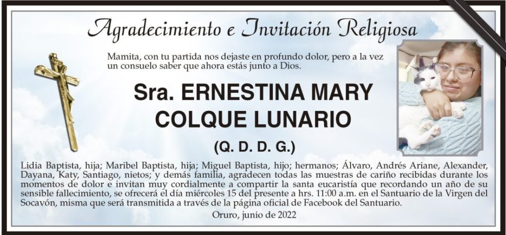 Agradecimiento e Invitación Religiosa por Ernestina Mary Colque Lunario