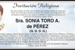 Invitación Religiosa para la Sra. Sonia Toro A. de Pérez