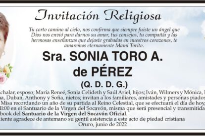 Invitación Religiosa para la Sra. Sonia Toro A. de Pérez