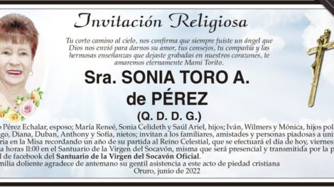 Invitación Religiosa para la Sra. Sonia Toro A. de Pérez