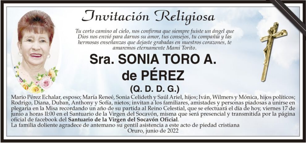 Invitación Religiosa para la Sra. Sonia Toro A. de Pérez