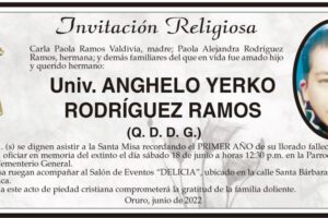 Invitación Religiosa en memoria de Anghelo Yerko Rodríguez Ramos