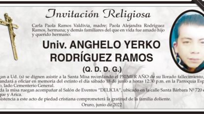 Invitación Religiosa en memoria de Anghelo Yerko Rodríguez Ramos