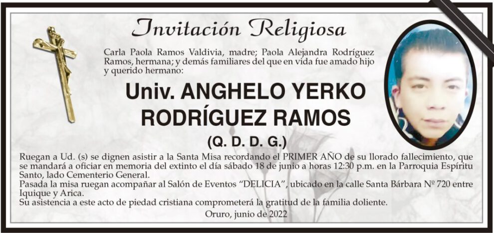 Invitación Religiosa en memoria de Anghelo Yerko Rodríguez Ramos