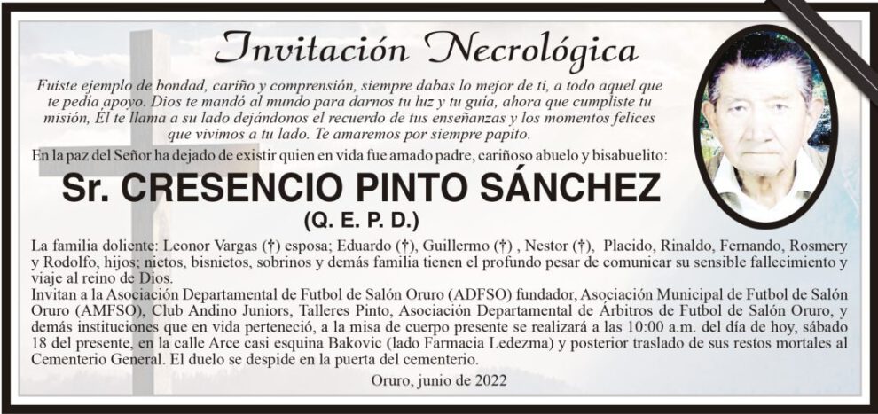 Invitación Necrológica de Cresencio Pinto Sánchez
