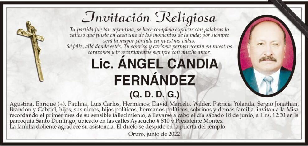 Lic. Ángel Candia Fernández, invitación a misa recordatoria