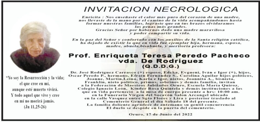 Necrológico de Prof. Enriqueta Teresa Peredo Pacheco