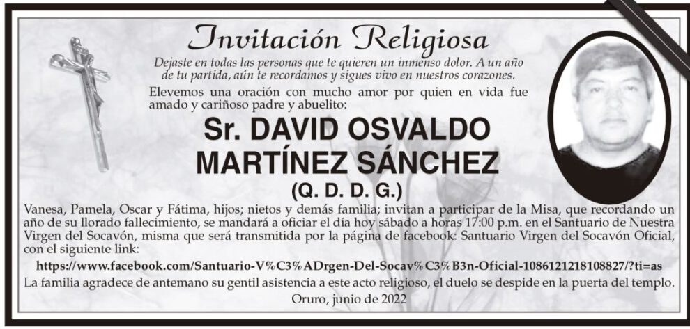 Invitación religiosa en memoria de David Osvaldo Martínez Sánchez