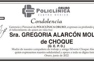 Condolencia por el fallecimiento de Gregoria Alarcón Molina