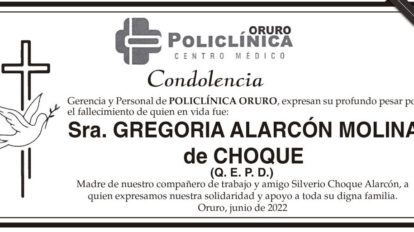 Condolencia por el fallecimiento de Gregoria Alarcón Molina