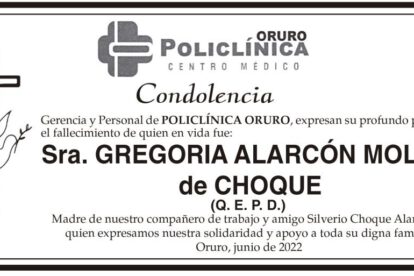 Condolencia por el fallecimiento de Gregoria Alarcón Molina