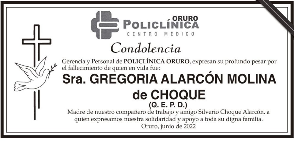 Condolencia por el fallecimiento de Gregoria Alarcón Molina