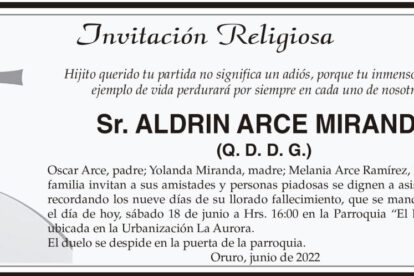 Invitación Religiosa para Aldrin Arce Miranda