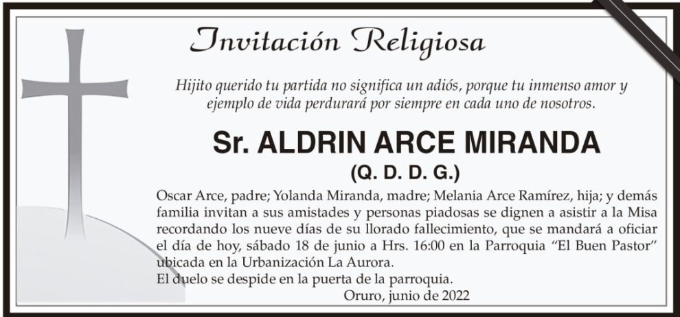 Invitación Religiosa para Aldrin Arce Miranda