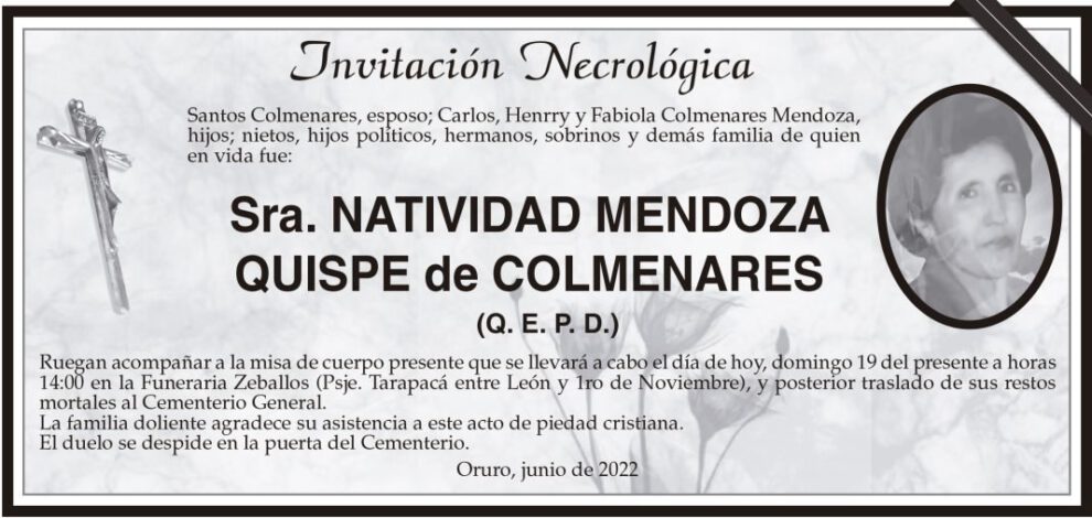 Invitación Necrológica de Natividad Mendoza Quispe