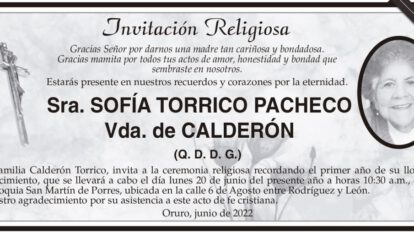 Invitación Religiosa: Sra. Sofía Torrico Pacheco
