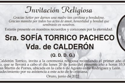 Invitación Religiosa: Sra. Sofía Torrico Pacheco