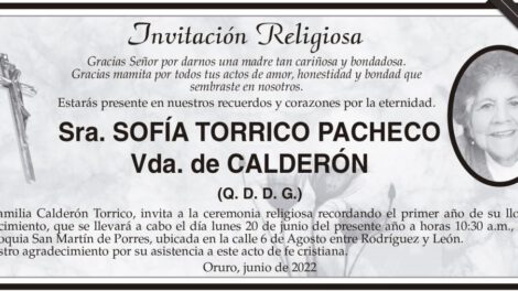 Invitación Religiosa: Sra. Sofía Torrico Pacheco