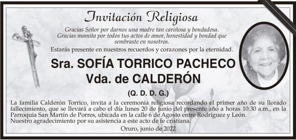 Invitación Religiosa: Sra. Sofía Torrico Pacheco