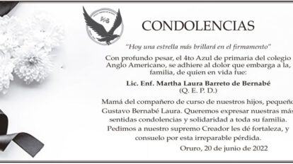 Condolencias por la Lic. Enf. Martha Laura Barreto de Bernabé