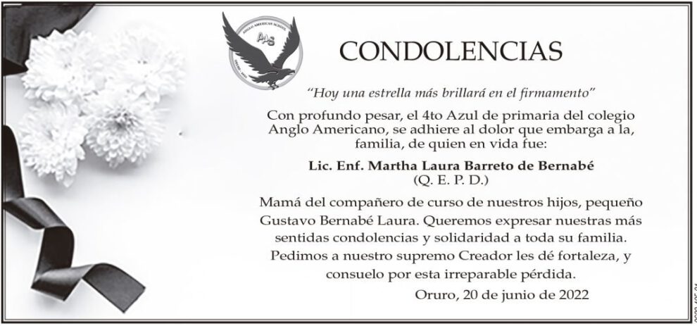 Condolencias por la Lic. Enf. Martha Laura Barreto de Bernabé