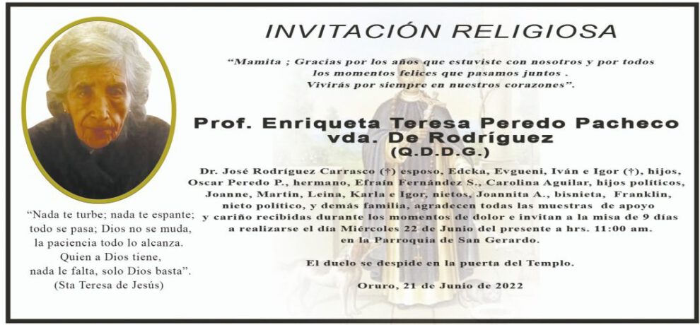 Prof. Enriqueta Teresa Peredo Pacheco vda. De Rodriguez (Q.D.D.G.)