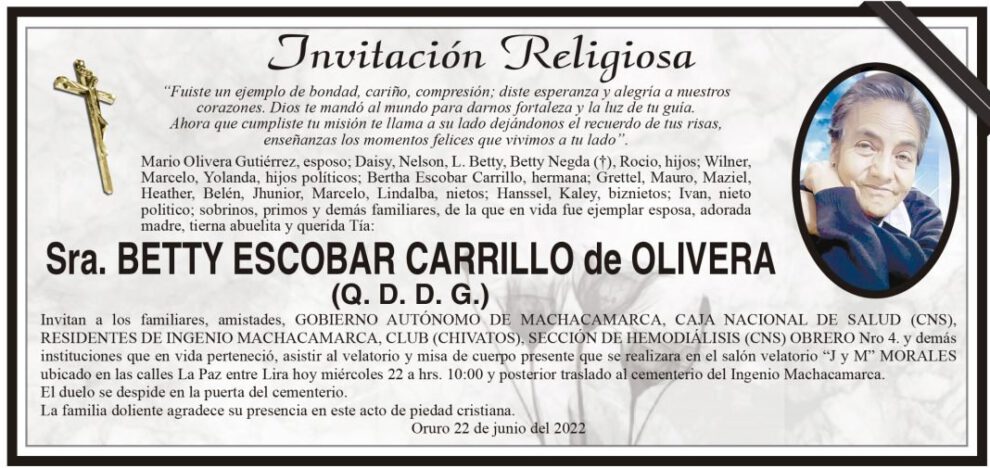 Invitación Religiosa para Betty Escobar Carrillo