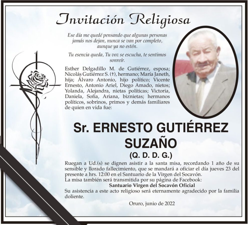 Invitación Religiosa para Ernesto Gutiérrez Suzaño