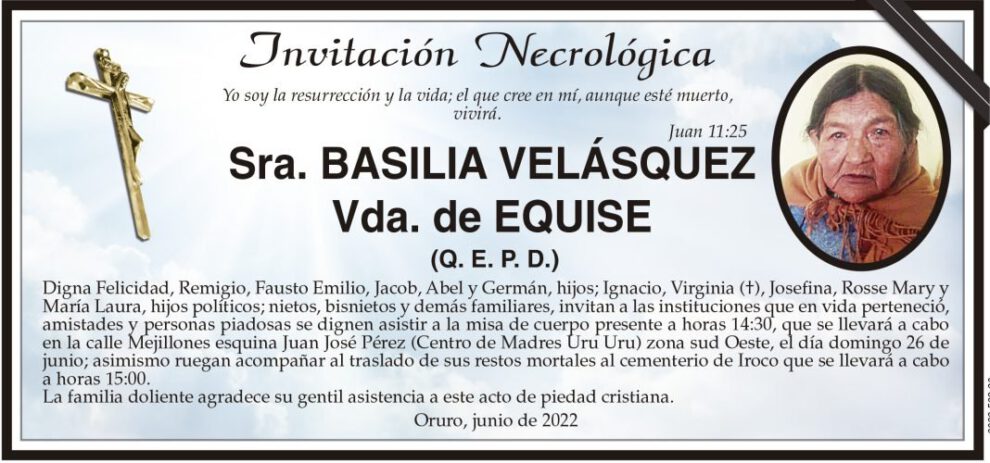 Invitación Necrológica: Basilia Velásquez Vda. de Equise