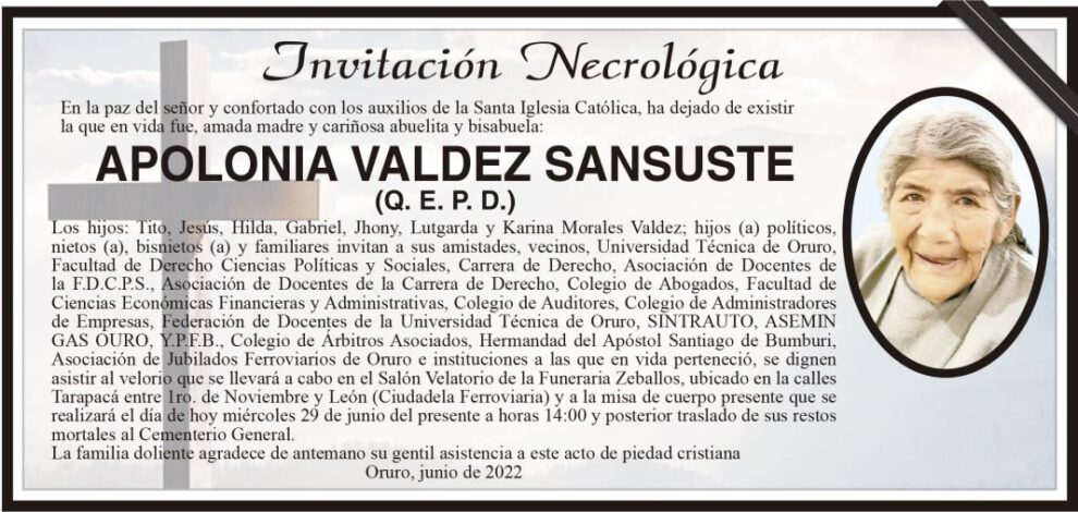 Invitación Necrológica de Apolonia Valdez Sansuste