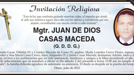 Invitación Religiosa en memoria de Mgtr. Juan de Dios Casas Maceda