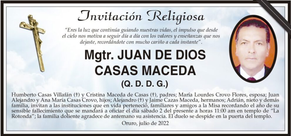 Invitación Religiosa en memoria de Mgtr. Juan de Dios Casas Maceda