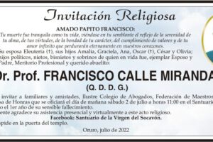 Invitación Religiosa para Dr. Prof. Francisco Calle Miranda