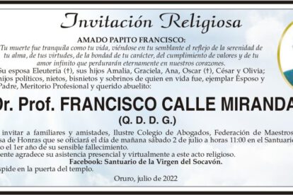 Invitación Religiosa para Dr. Prof. Francisco Calle Miranda