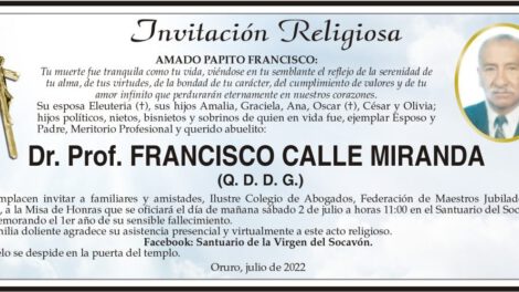 Invitación Religiosa para Dr. Prof. Francisco Calle Miranda
