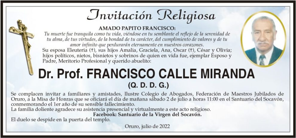 Invitación Religiosa para Dr. Prof. Francisco Calle Miranda