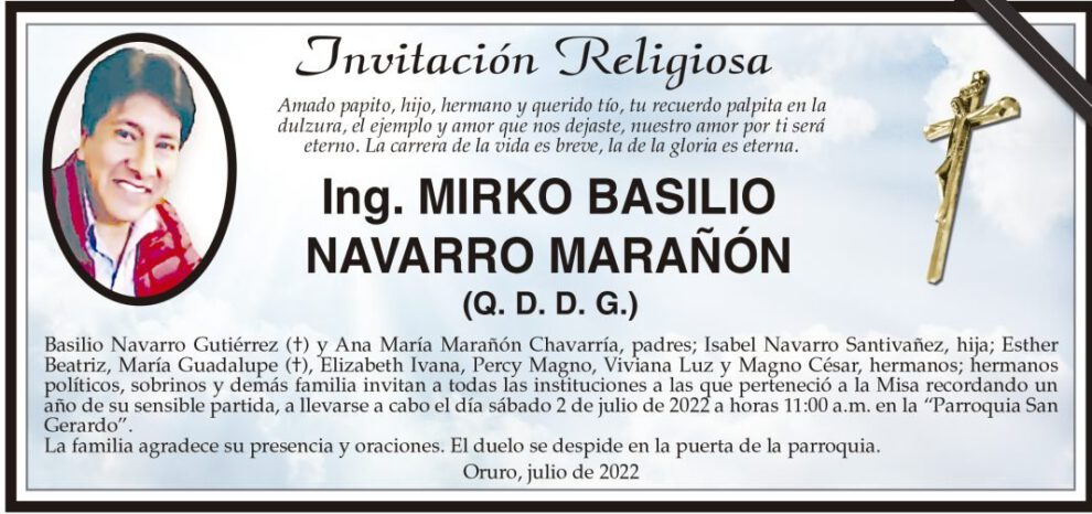 Ing. Mirko Basilio Navarro Marañón recordado en misa