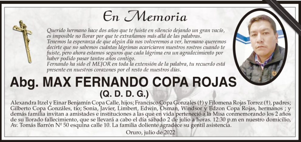 Obituario de Max Fernando Copa Rojas