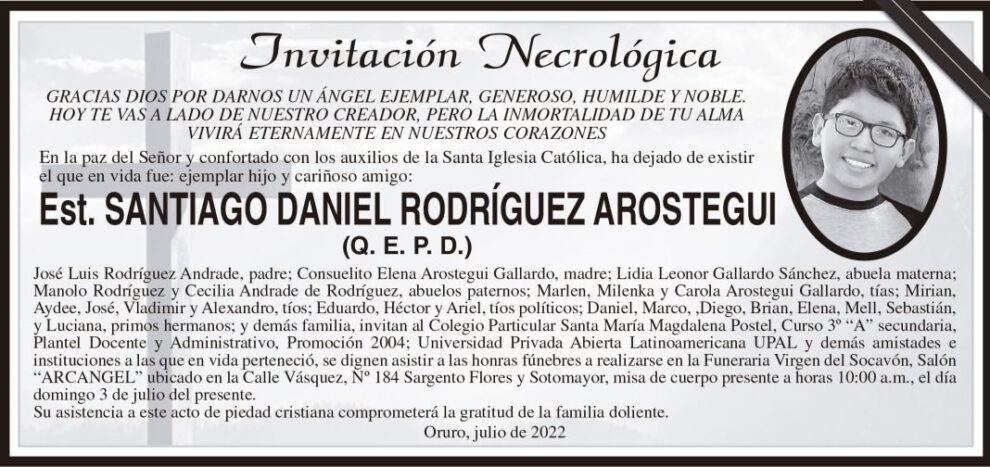 Invitación Necrológica de Santiago Daniel Rodríguez Arostegui