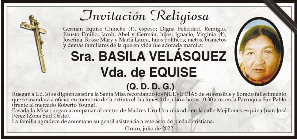 Invitación religiosa en memoria de Basilia Velásquez