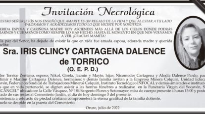 Iris Clincy Cartagena Dalence, invitación necrológica