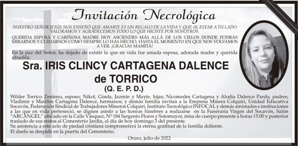 Iris Clincy Cartagena Dalence, invitación necrológica