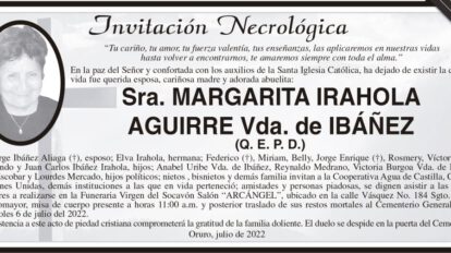 Margarita Irahola Aguirre, invitación necrológica