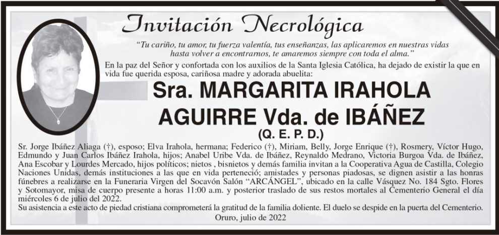 Margarita Irahola Aguirre, invitación necrológica