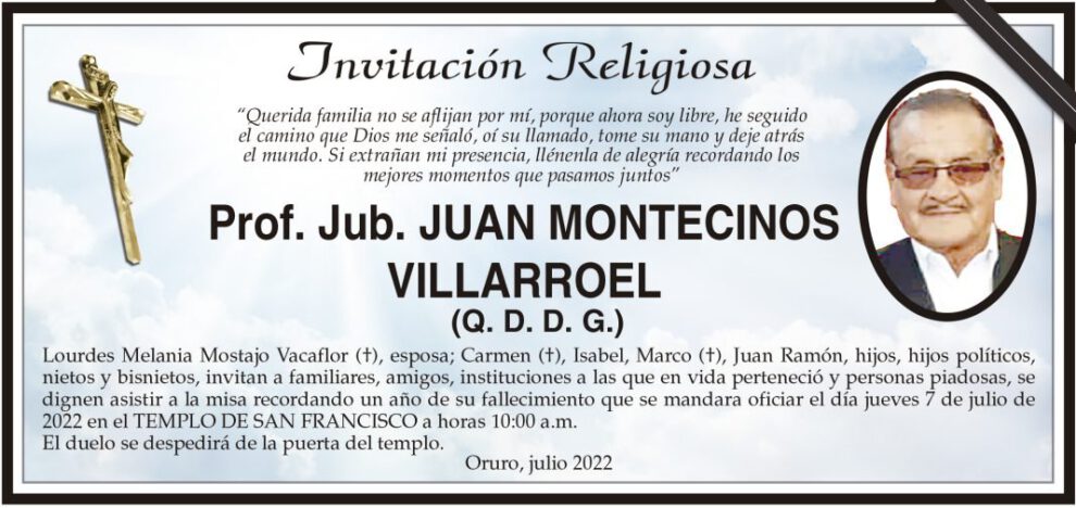 Invitación Religiosa para Juan Montecinos Villarroel