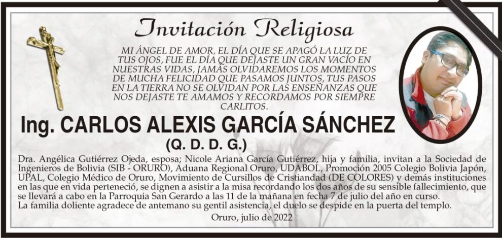 Ing. Carlos Alexis García Sánchez, invitación a misa recordatoria