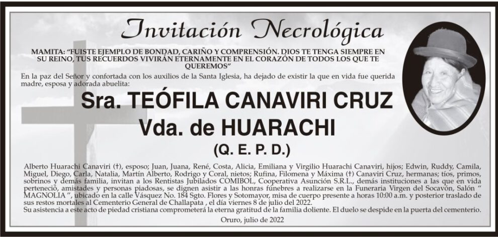 Invitación Necrológica de Teófila Canaviri Cruz