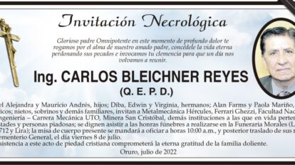 Invitación Necrológica para Ing. Carlos Bleichner Reyes